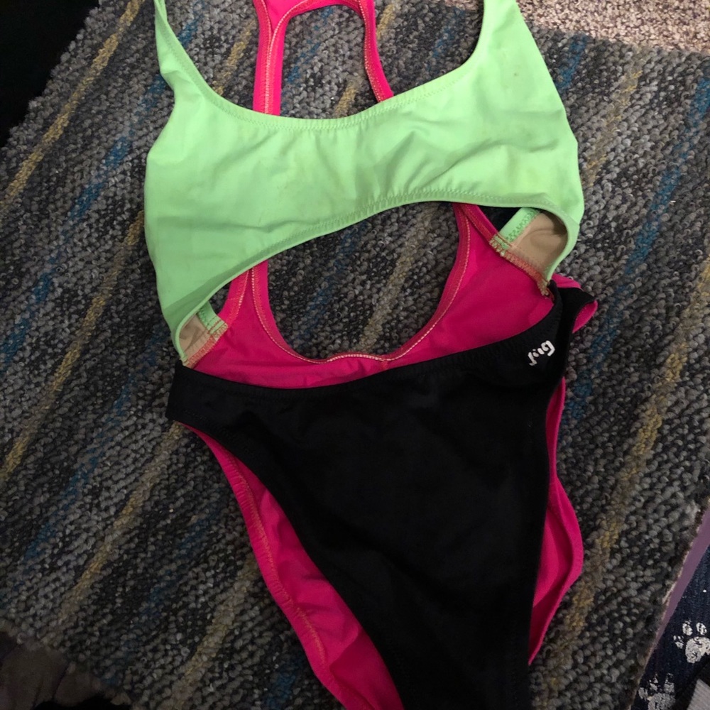 JAG CUTOUT SWIMSUIT, BLOCK COLORS SZ 8, good cond